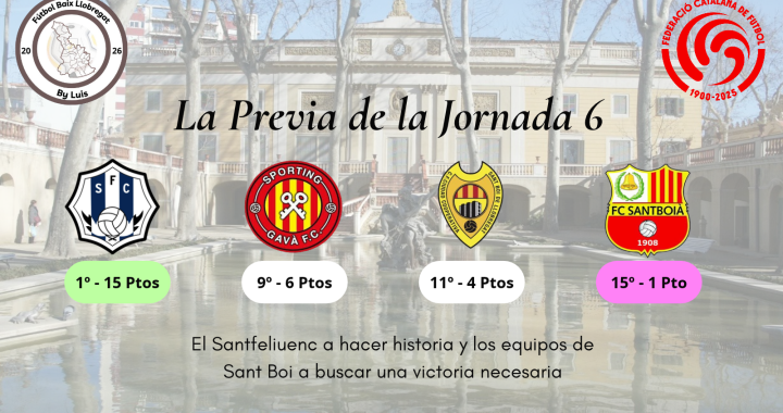 1ª Catalana – Previa – Jornada 6 – «El Santfeliuenc a hacer historia y los equipos de Sant Boi a buscar una victoria necesaria»